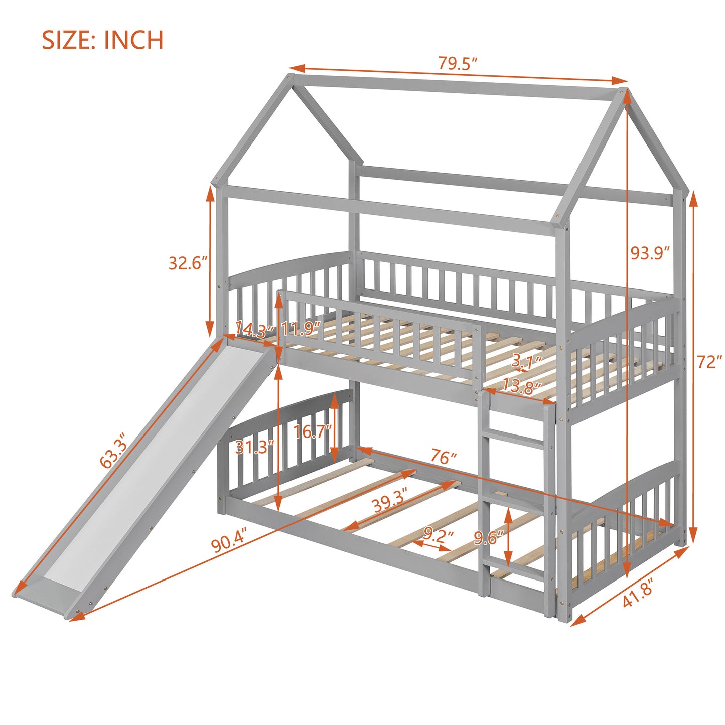 Twin Over Twin Bunk Bed with Slide, House Bed with Slide