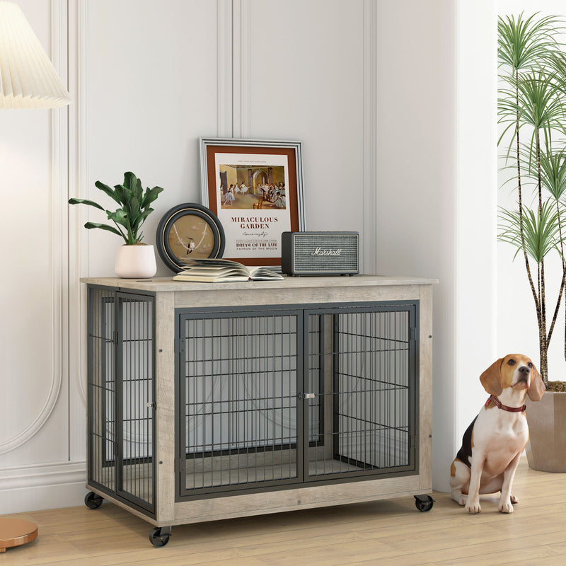 Furniture Style Dog Crate Side Table on Wheels with Double Doors and Lift Top.(Grey,38.58''w x 25.5''d x 27.36''h)
