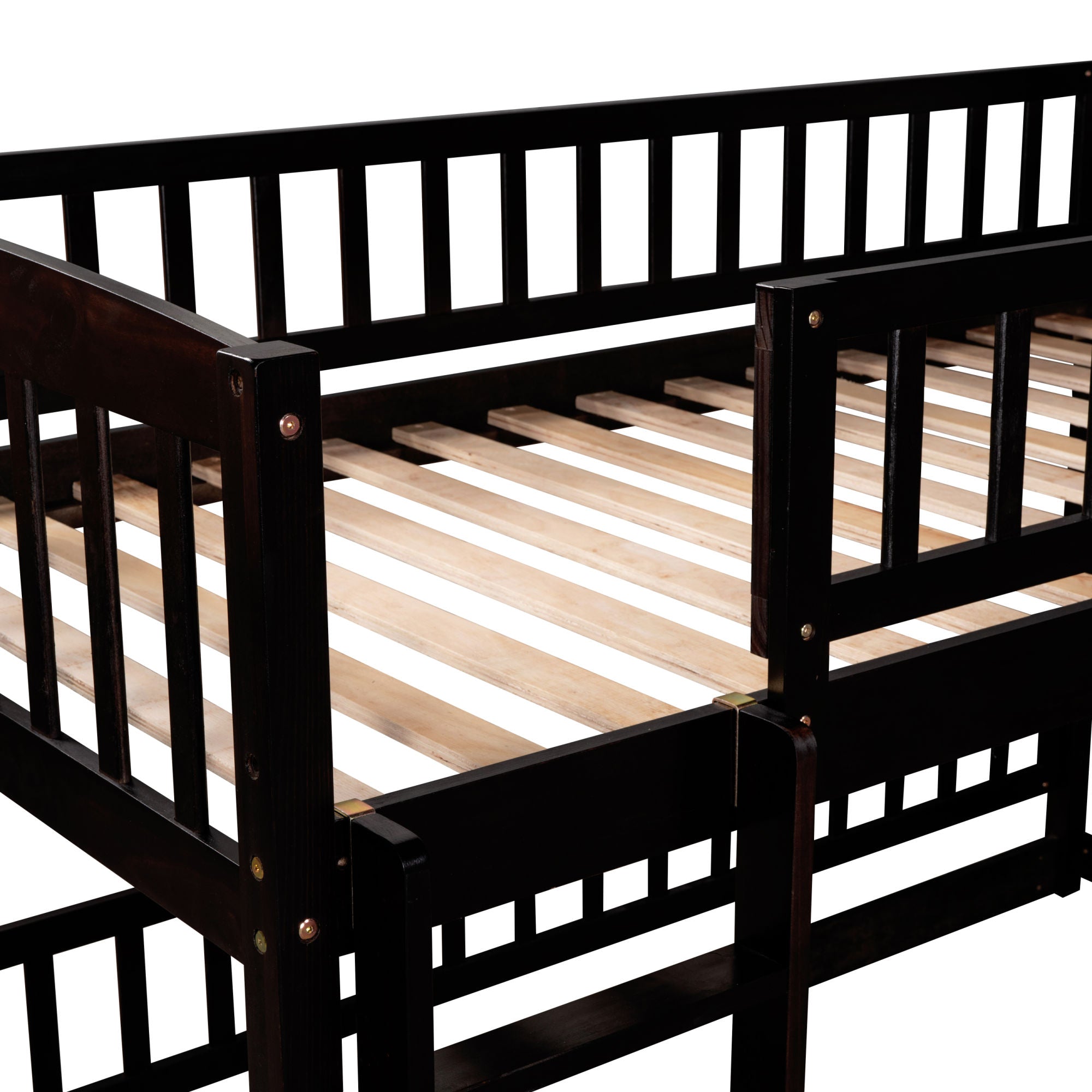 Bunk Bed with Slide; Twin Over Twin Low Bunk Bed with Fence and Ladder for Toddler Kids Teens