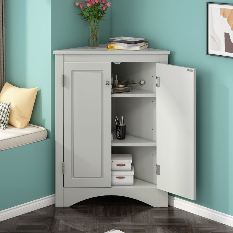 Grey Triangle Bathroom Storage Cabinet with Adjustable Shelves, Freestanding Floor Cabinet for Home Kitchen