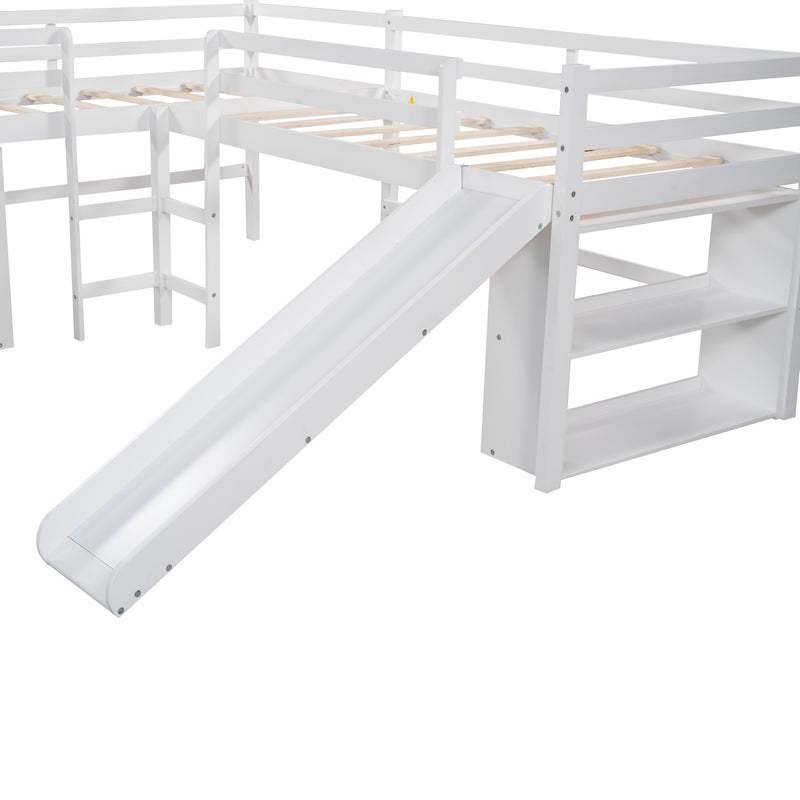 Twin Size L-Shaped Loft Bed with Movable Two-Tier Shelves and Slide