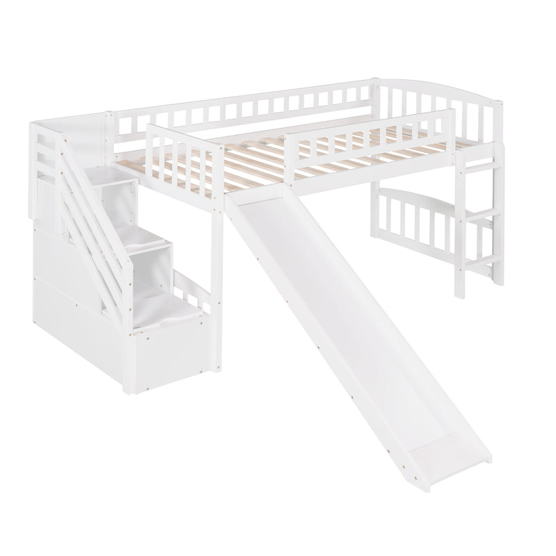 Stairway Twin Size Loft Bed with Two Drawers and Slide