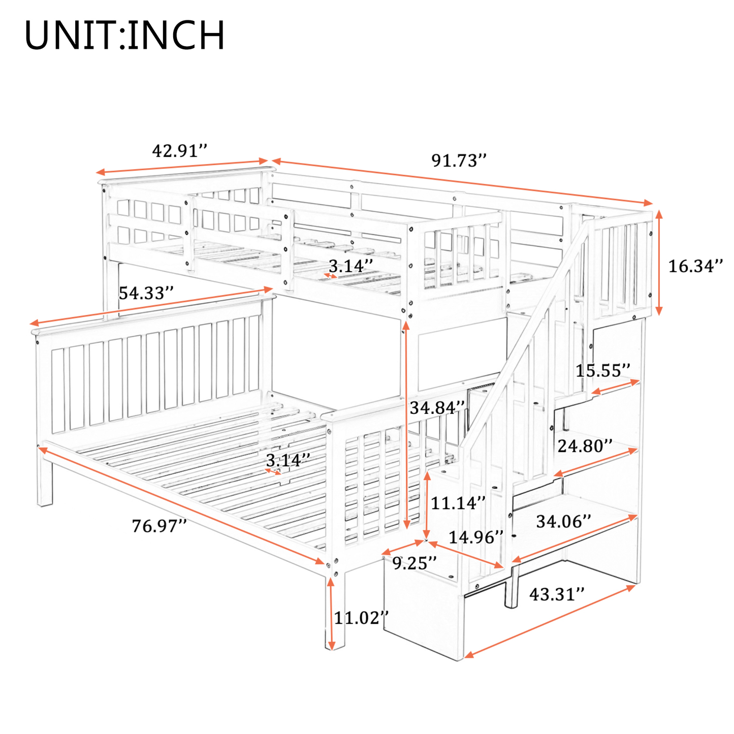 Stairway Twin-Over-Full Bunk Bed with Storage and Guard Rail for Bedroom