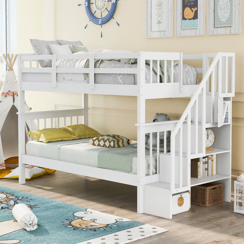 Stairway Twin-Over-Twin Bunk Bed with Storage and Guard Rail for Bedroom, Dorm