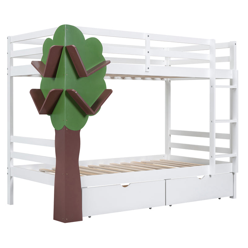 Twin-Over-Twin Bunk Bed with a Tree Decor and Two Storage Drawers