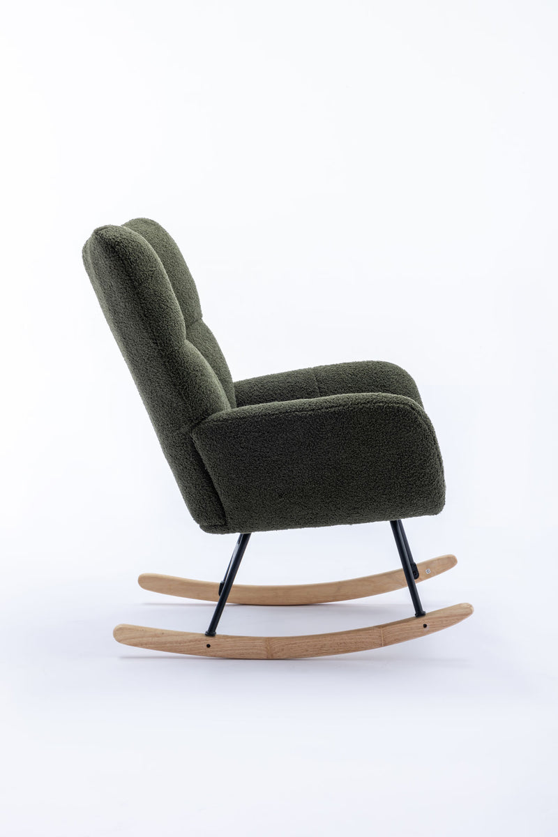 Rocking Chair, Soft Teddy Velvet Fabric Rocking Chair for Nursery, Comfy Wingback Glider Rocker with Safe Solid Wood Base for Living Room Bedroom Balcony (DARK GREEN)