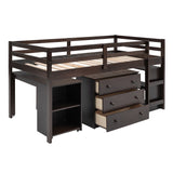 Low Study Twin Loft Bed with Cabinet and Rolling Portable Desk