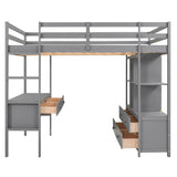 Full Size Loft Bed with Built-in Desk with Two Drawers;  and Storage Shelves and Drawers