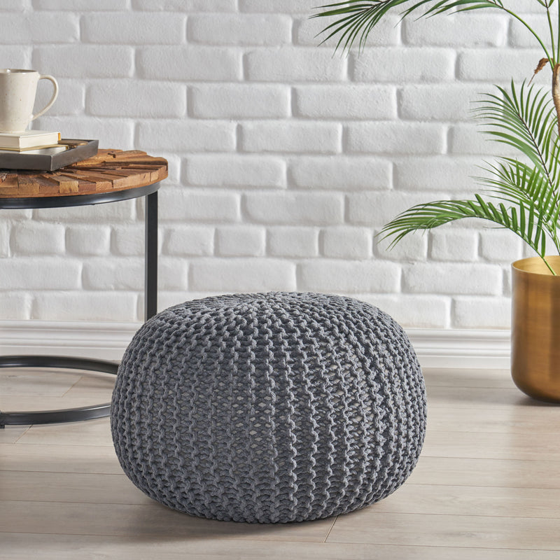 Yantic Cotton Knitted Round Pouf, Gray, 20" x 14"